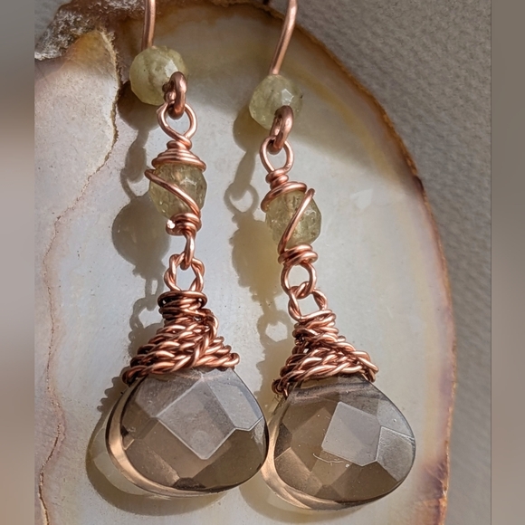 Smokey Quartz Earrings Green Garnet Accents Dangle Drop Artisan Handmade - Picture 10 of 12